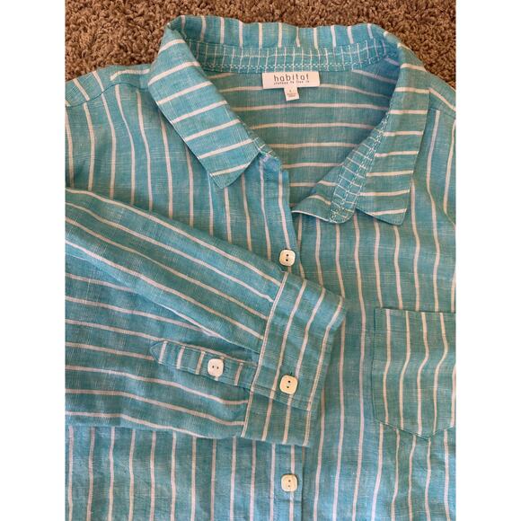 Habitat Clothes to Live in Linen Aqua Striped Oversized Lagenlook Shirt, Large - Picture 7 of 8